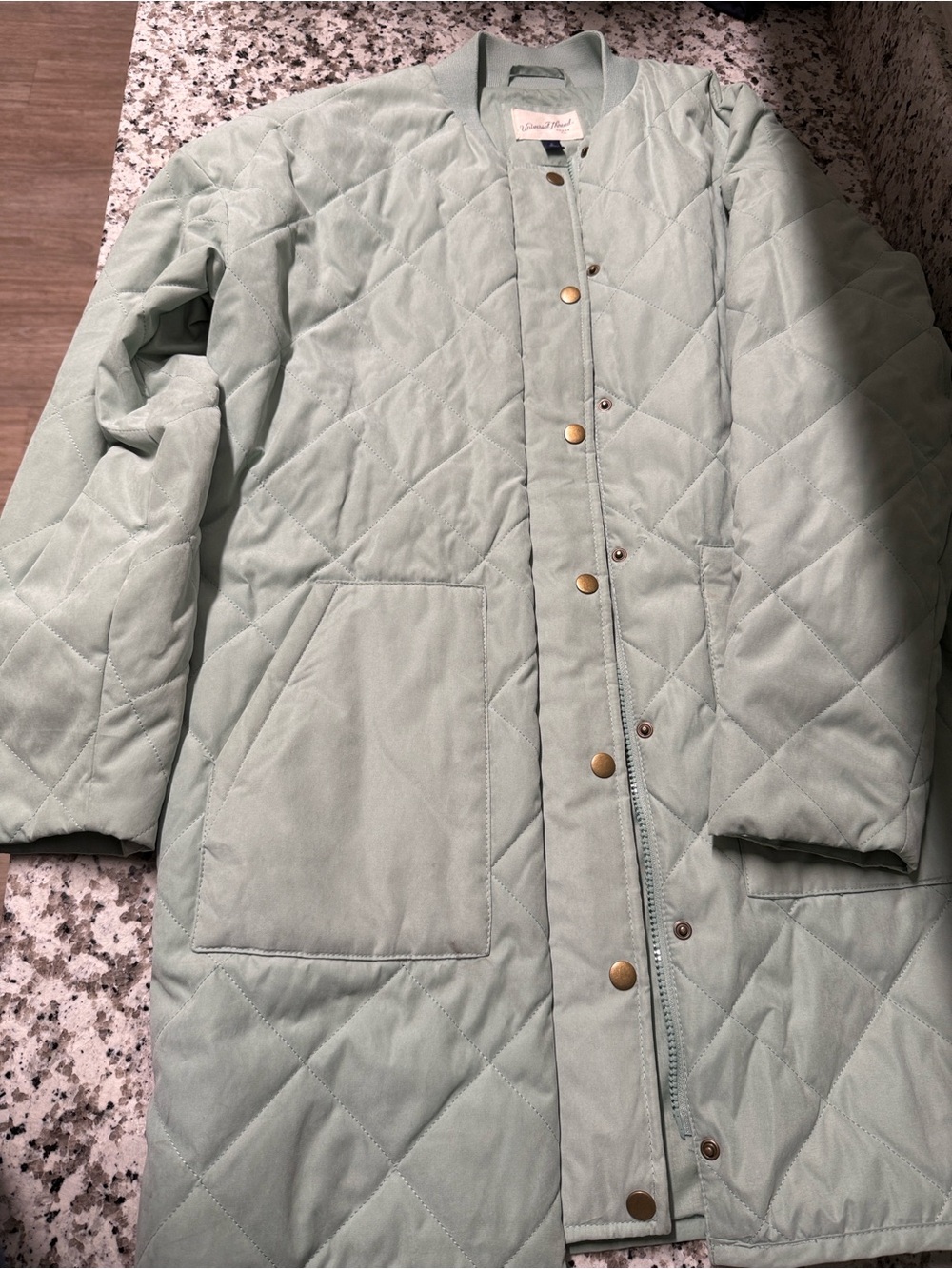 Universal Thread Quilted Long Puffer Coat in Mint Green